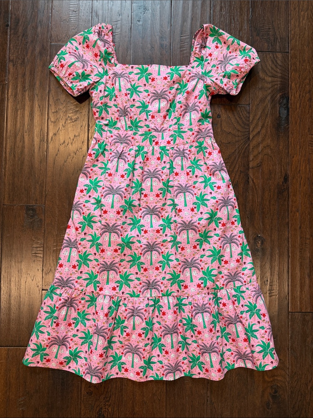 Boden Pink Palm-Print Midi Dress with Green Palm Motif
